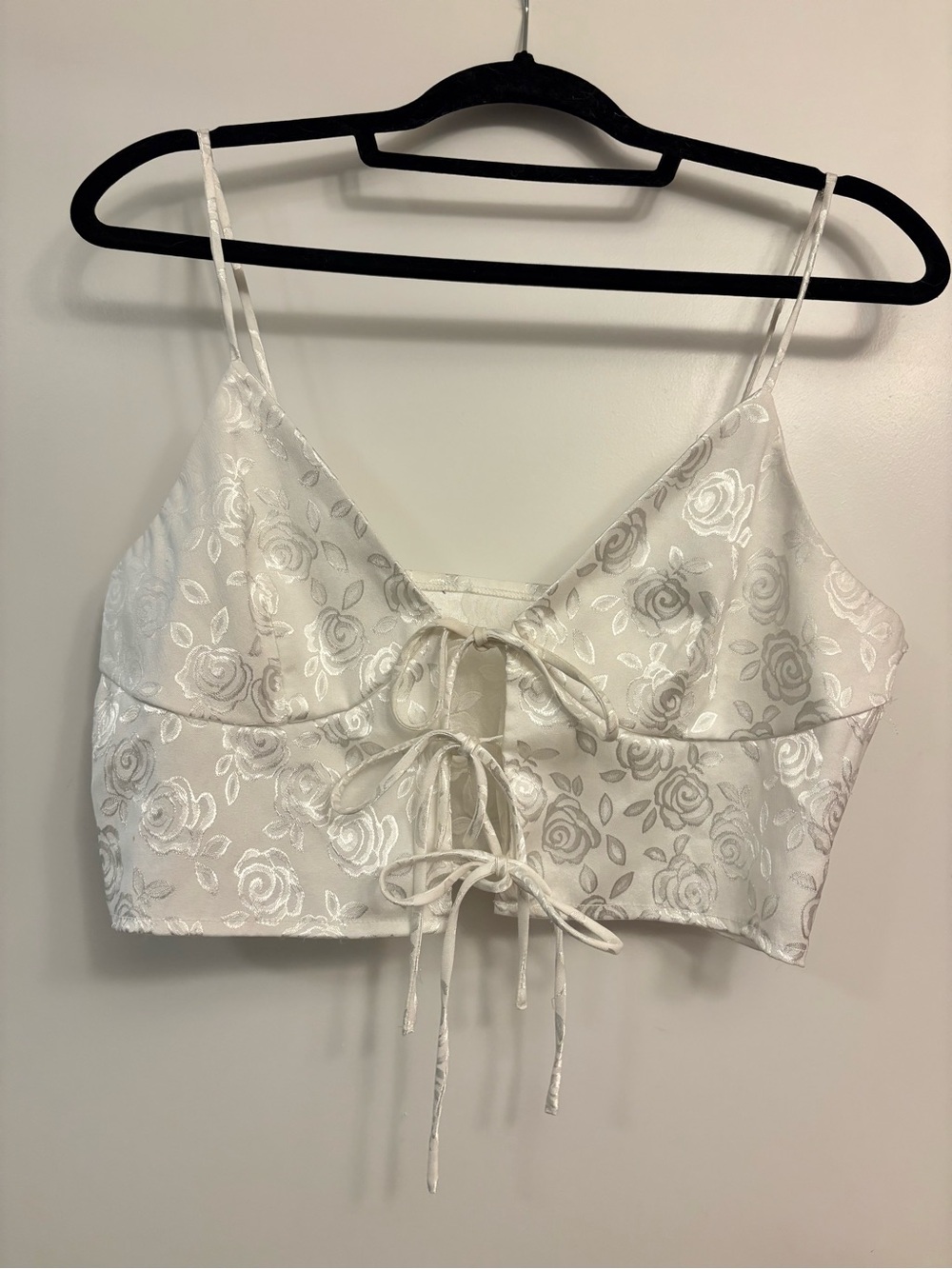 White Floral Lace-Up Satin Crop Cami